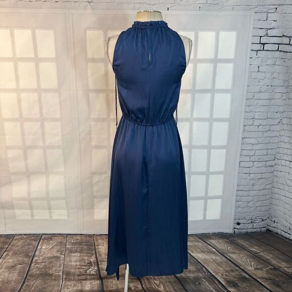 Derek Lam Sleeveless Cinched Pleated Neckline Tassel Blue Satin Midi Dress Sz 4 - Picture 4 of 9